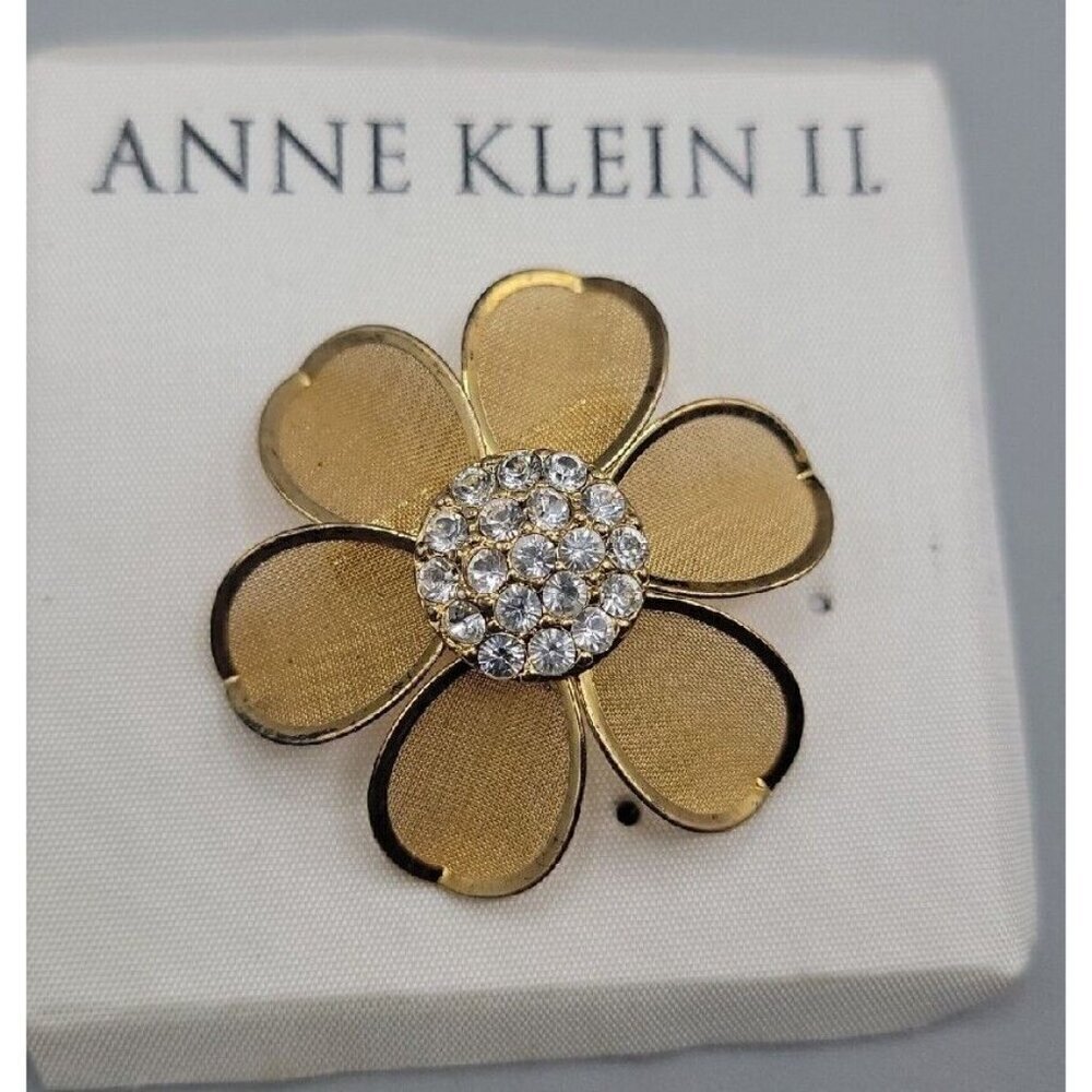 Vintage Anne Klein II Flower Brooch Rhinestone Center Gold Tone Mesh Petals